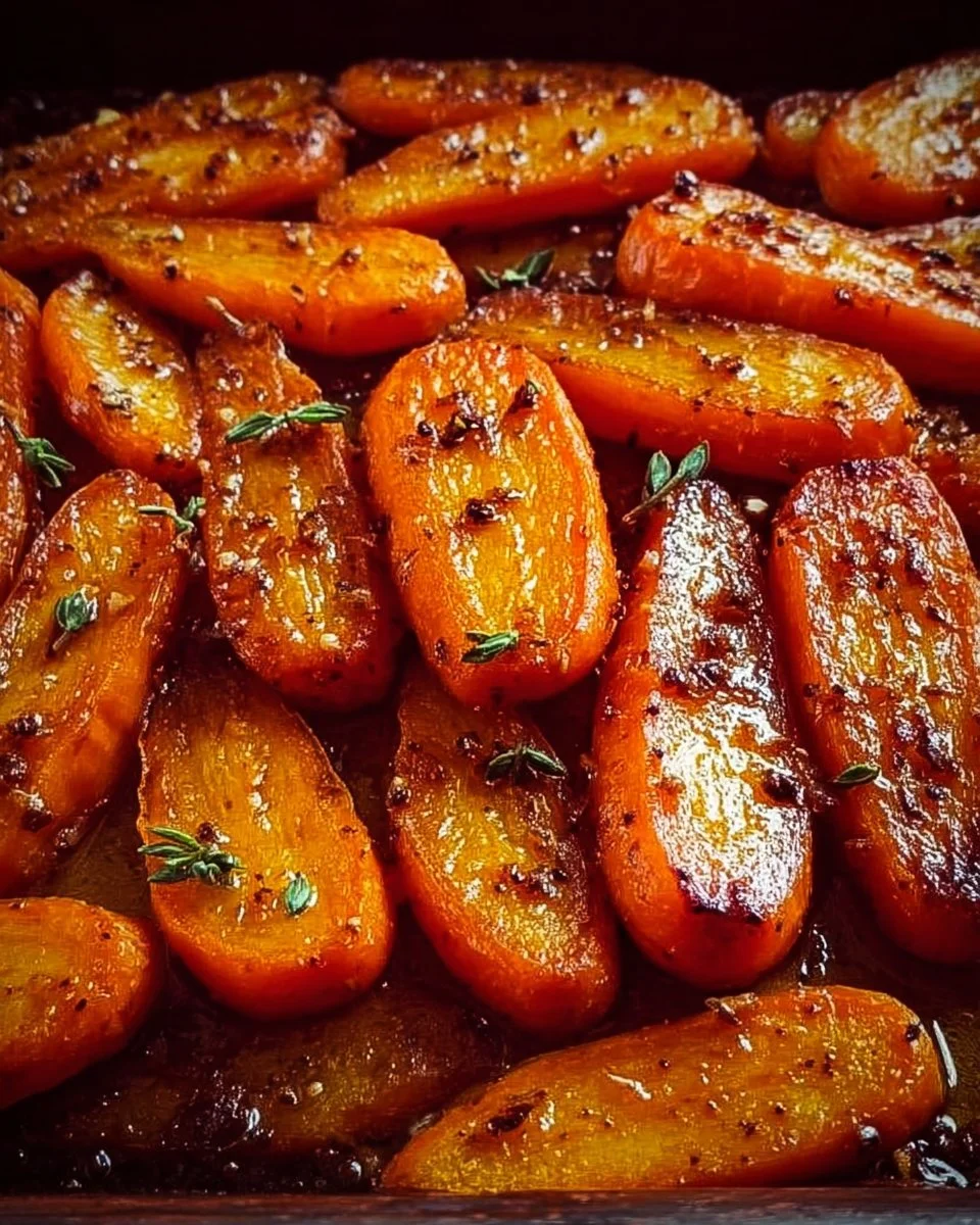 Plate of honey garlic roasted carrots garnished with herbs