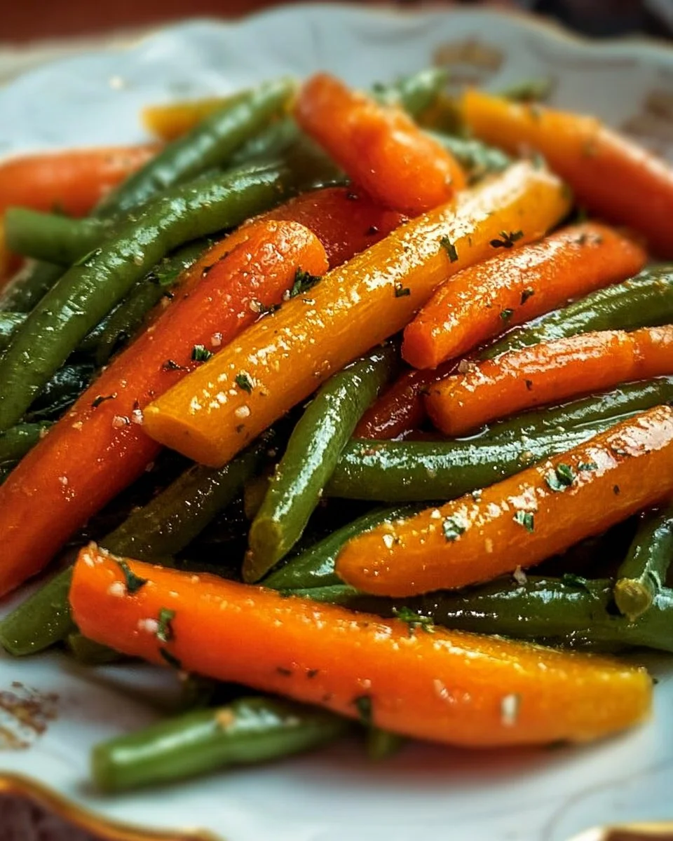 Bowl of honey glazed carrots and green beans, a delicious side dish