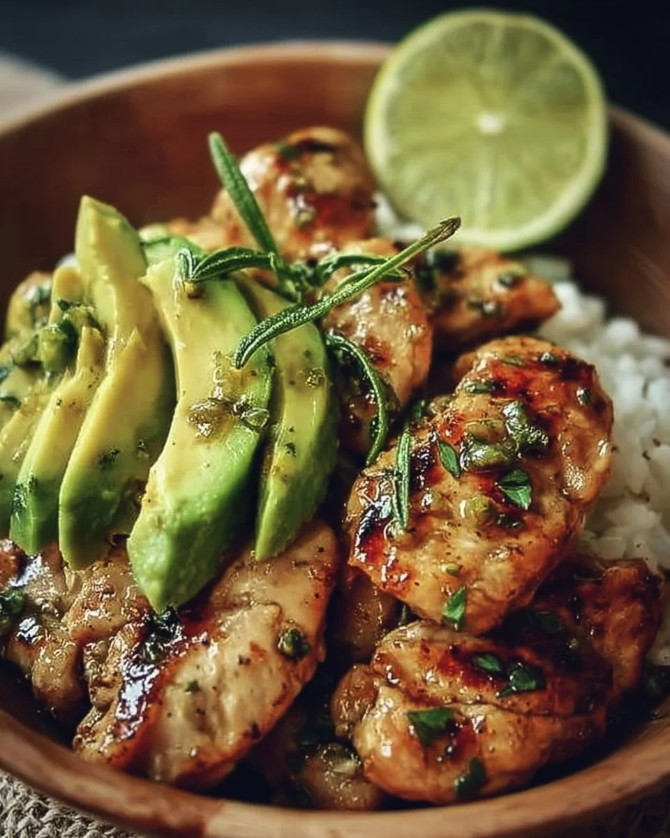 Honey Lime Chicken Avocado served on a plate garnished with fresh ingredients