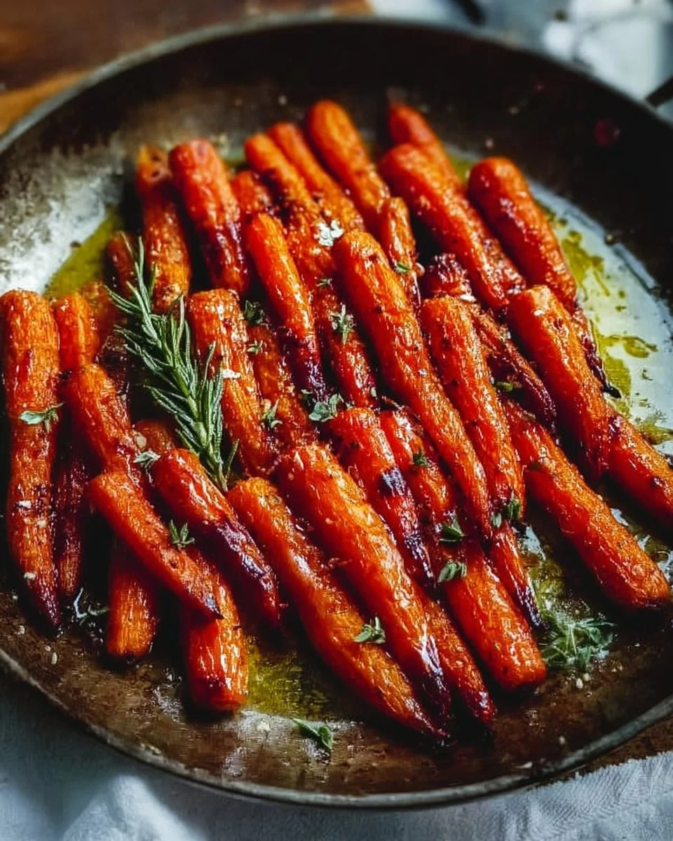 Delicious honey roasted carrots glistening with honey and herbs
