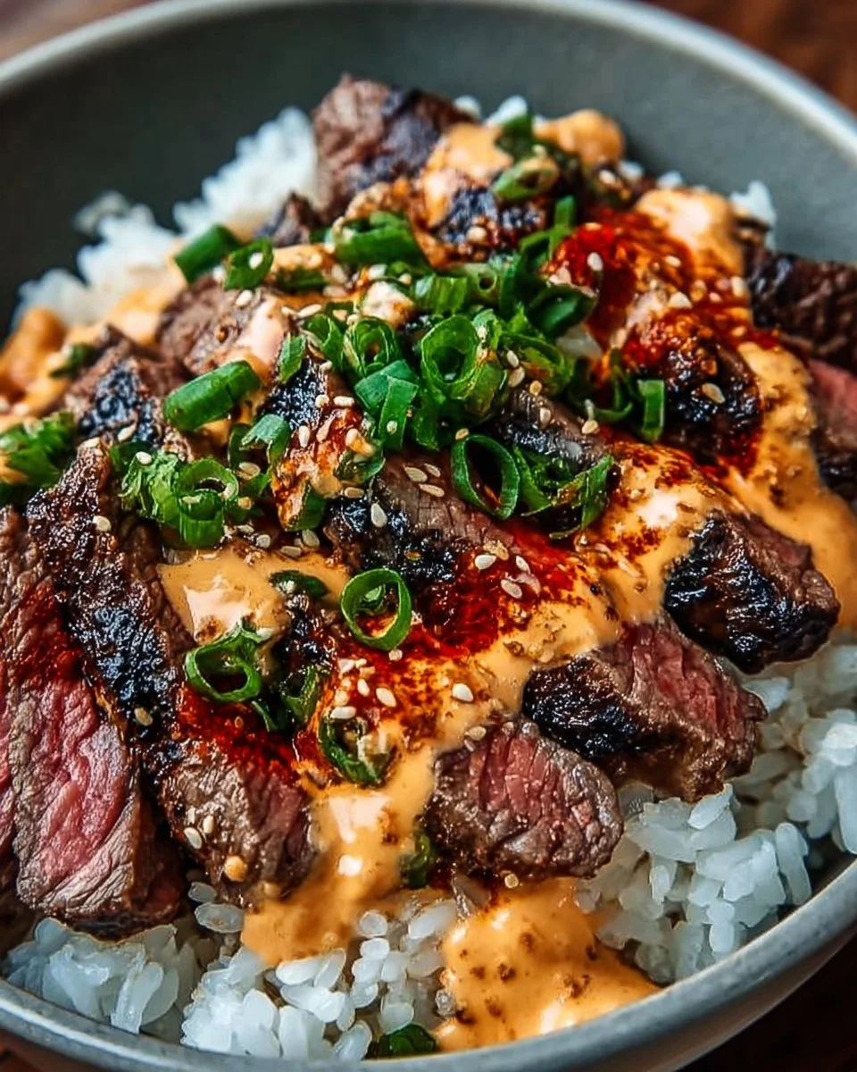 Korean BBQ Steak rice bowl topped with spicy cream sauce