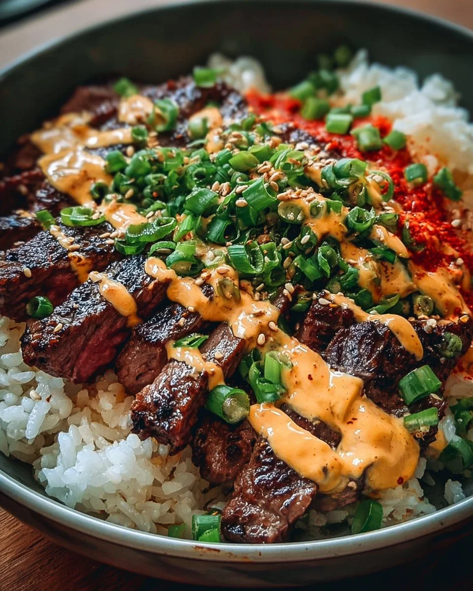 Korean BBQ Steak Rice Bowl with Spicy Cream Sauce