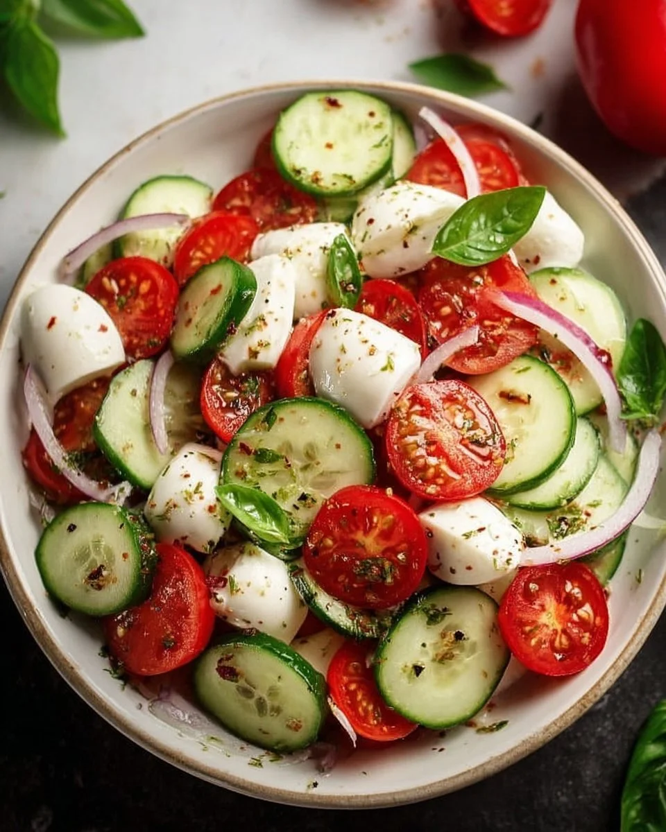 Juicy Cucumber Caprese Salad with fresh tomatoes and basil