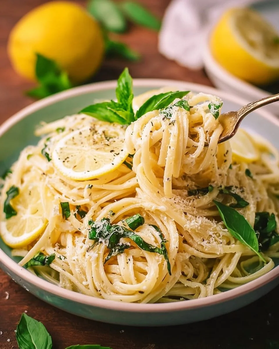 Delicious Lemon Basil Pasta served in a bowl garnished with fresh basil