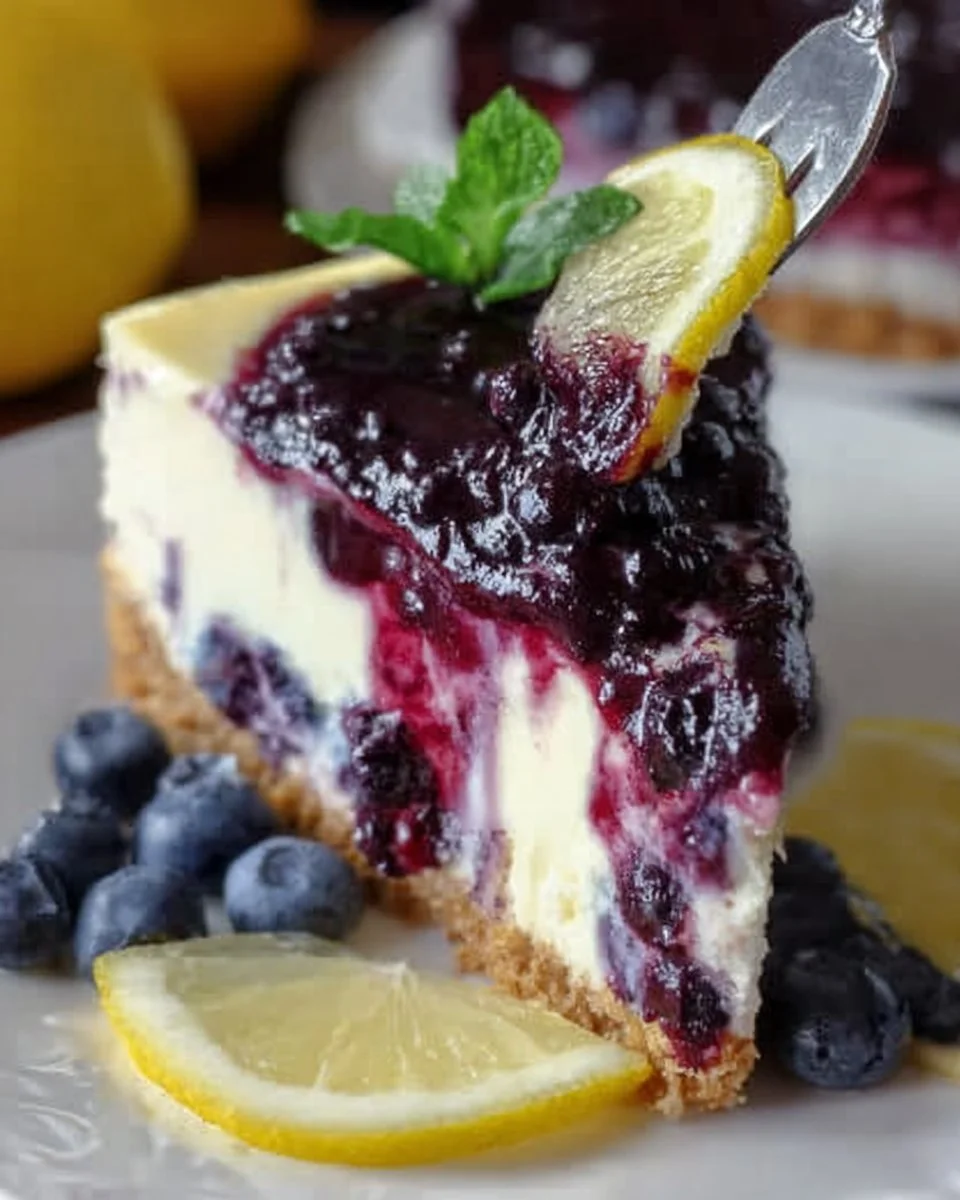 Slice of Lemon Blueberry Cheesecake topped with fresh blueberries and lemon zest
