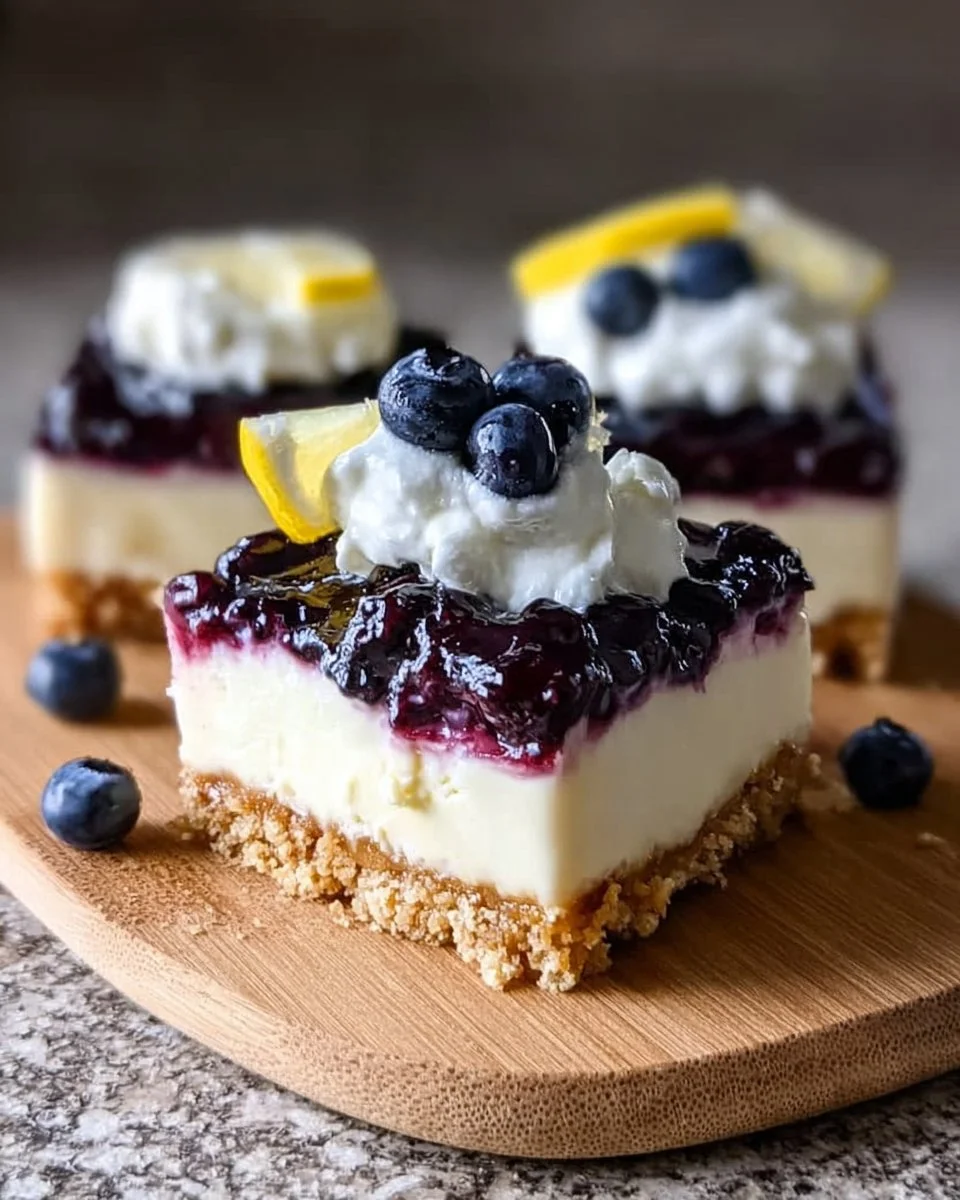 Lemon blueberry cheesecake bars topped with fresh blueberries and lemon zest