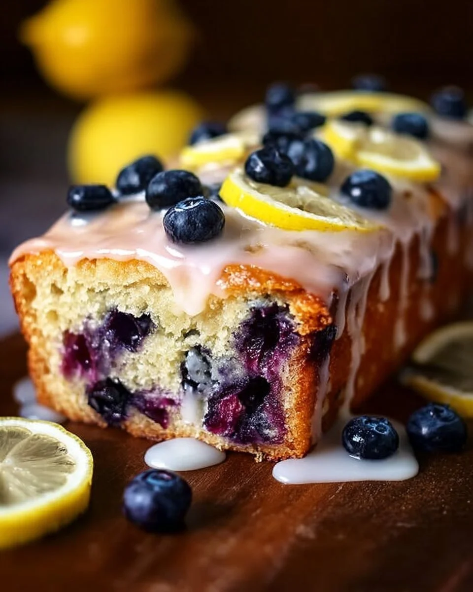 Lemon blueberry loaf drizzled with lemon glaze on a wooden cutting board