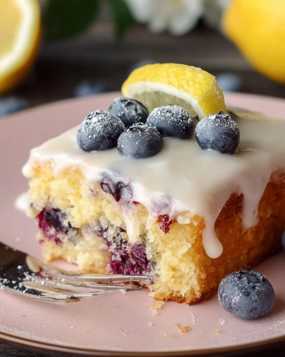 Delicious Lemon Blueberry Sheet Cake topped with fresh blueberries and lemon zest
