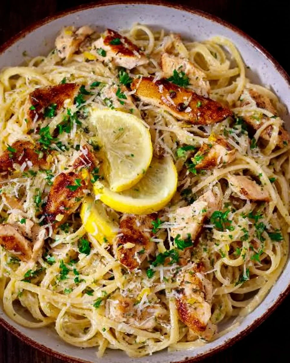 Delicious Lemon Chicken Pasta garnished with parsley and lemon slices.
