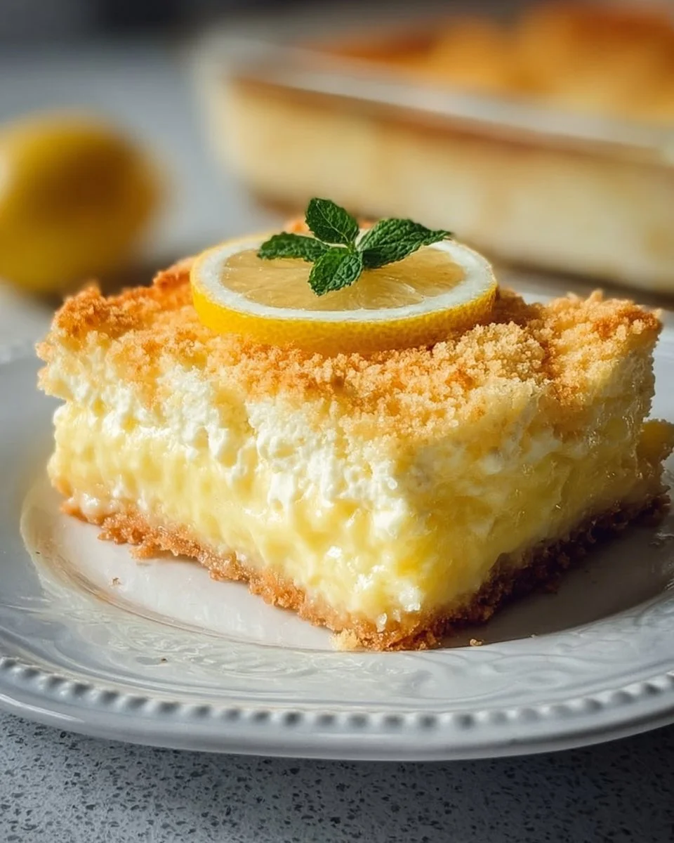Slice of lemon cream cheese dump cake topped with whipped cream
