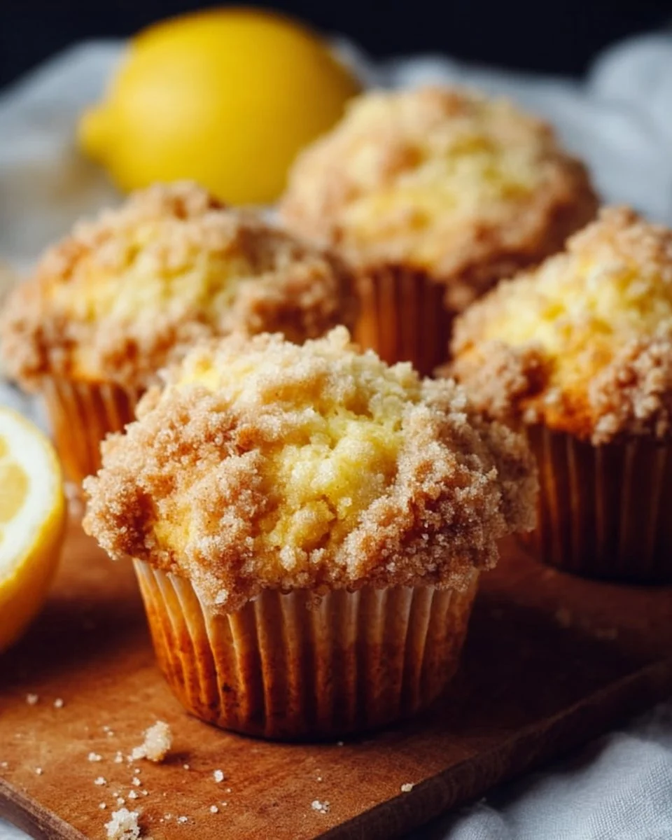 Freshly baked lemon crumb muffins with a crunchy topping and bright lemon flavor