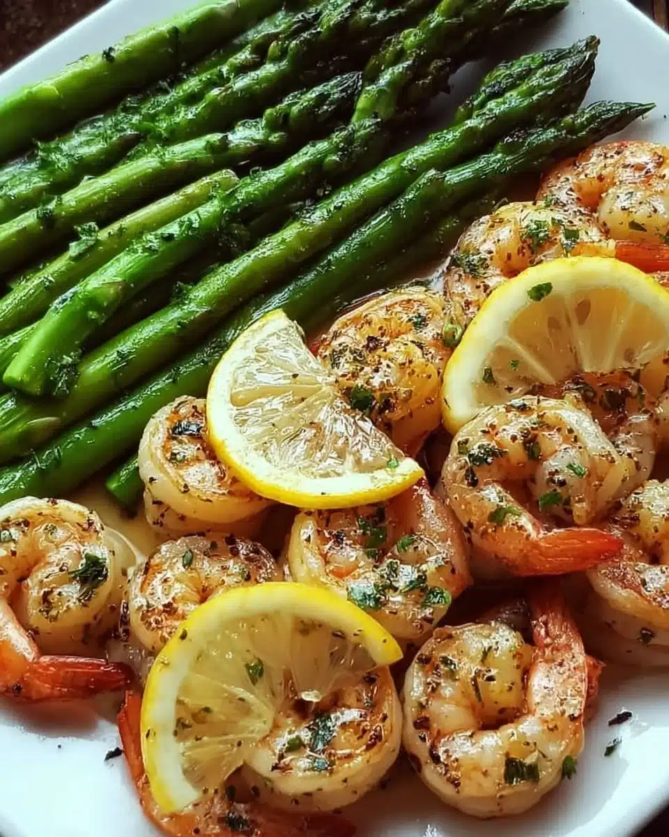 Lemon Garlic Shrimp served with fresh asparagus on a plate
