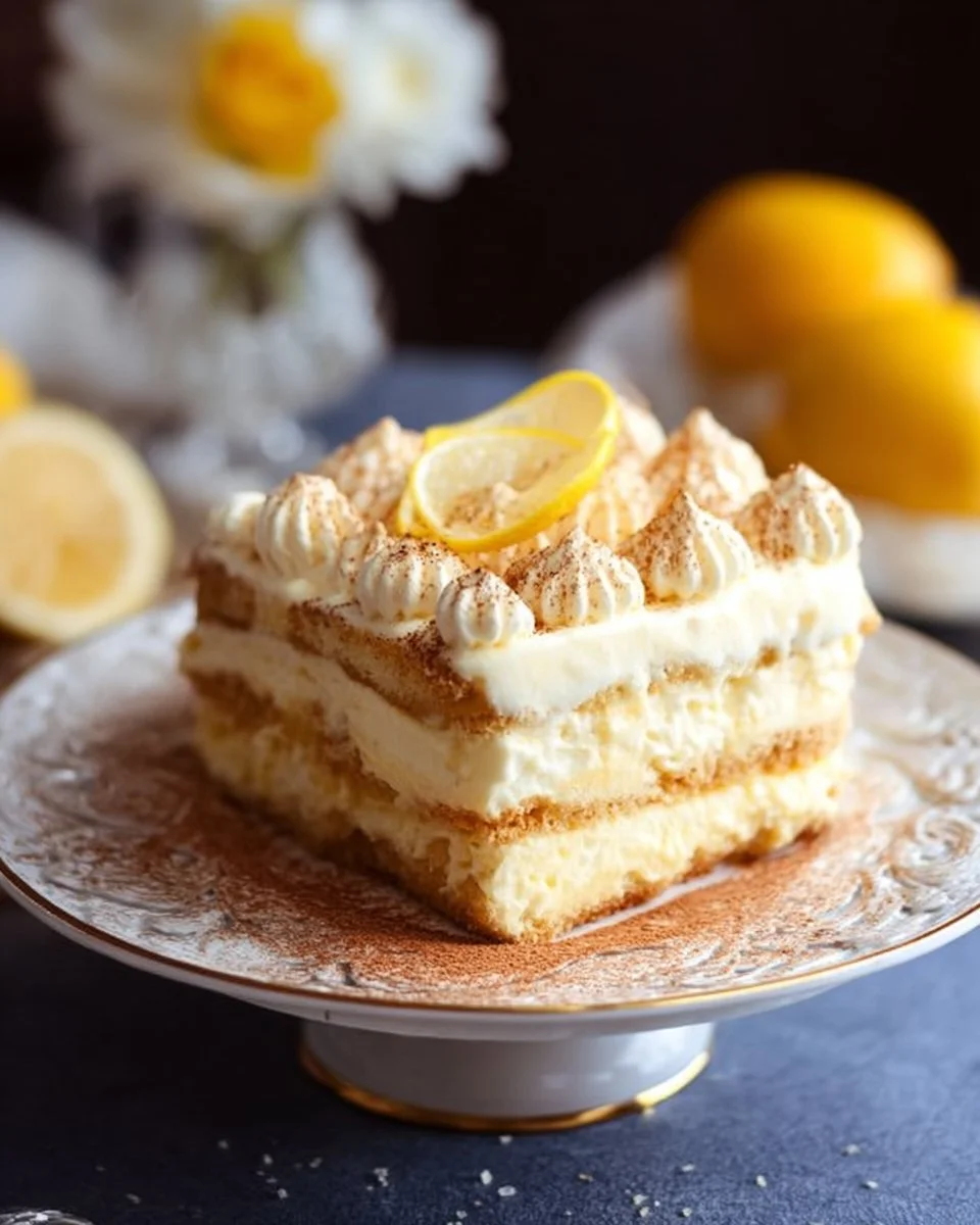 Delicious Lemon Tiramisu dessert with fresh lemons and coffee layers
