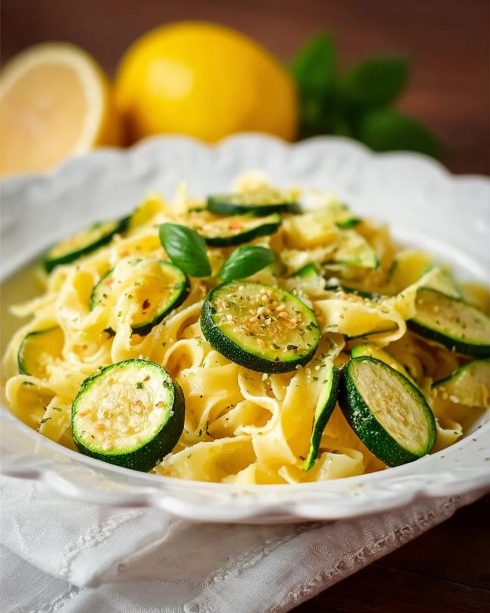 Delicious plate of Lemon Zucchini Pasta with fresh herbs and ingredients