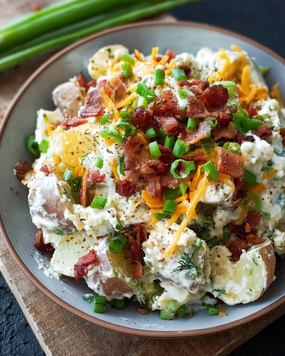 Delicious loaded baked potato salad topped with cheese, bacon, and green onions.