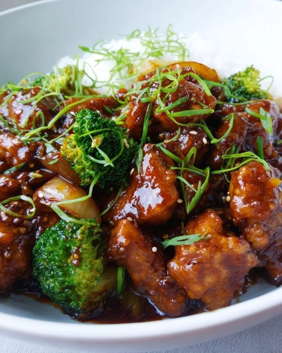 Low Carb General Tso’s Chicken served with vegetables on a plate