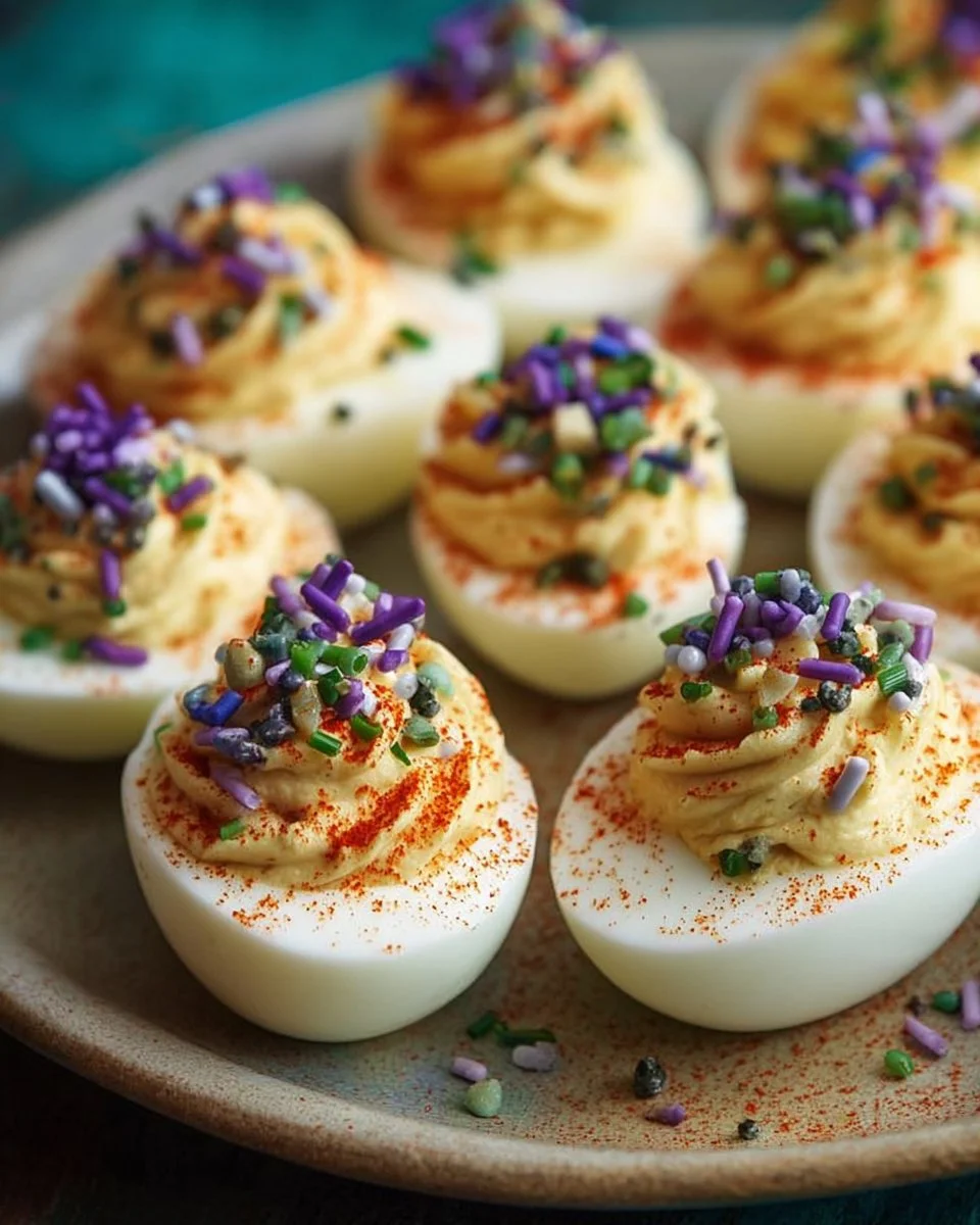 Mardi Gras Deviled Eggs topped with vibrant colors for a festive appetizer.