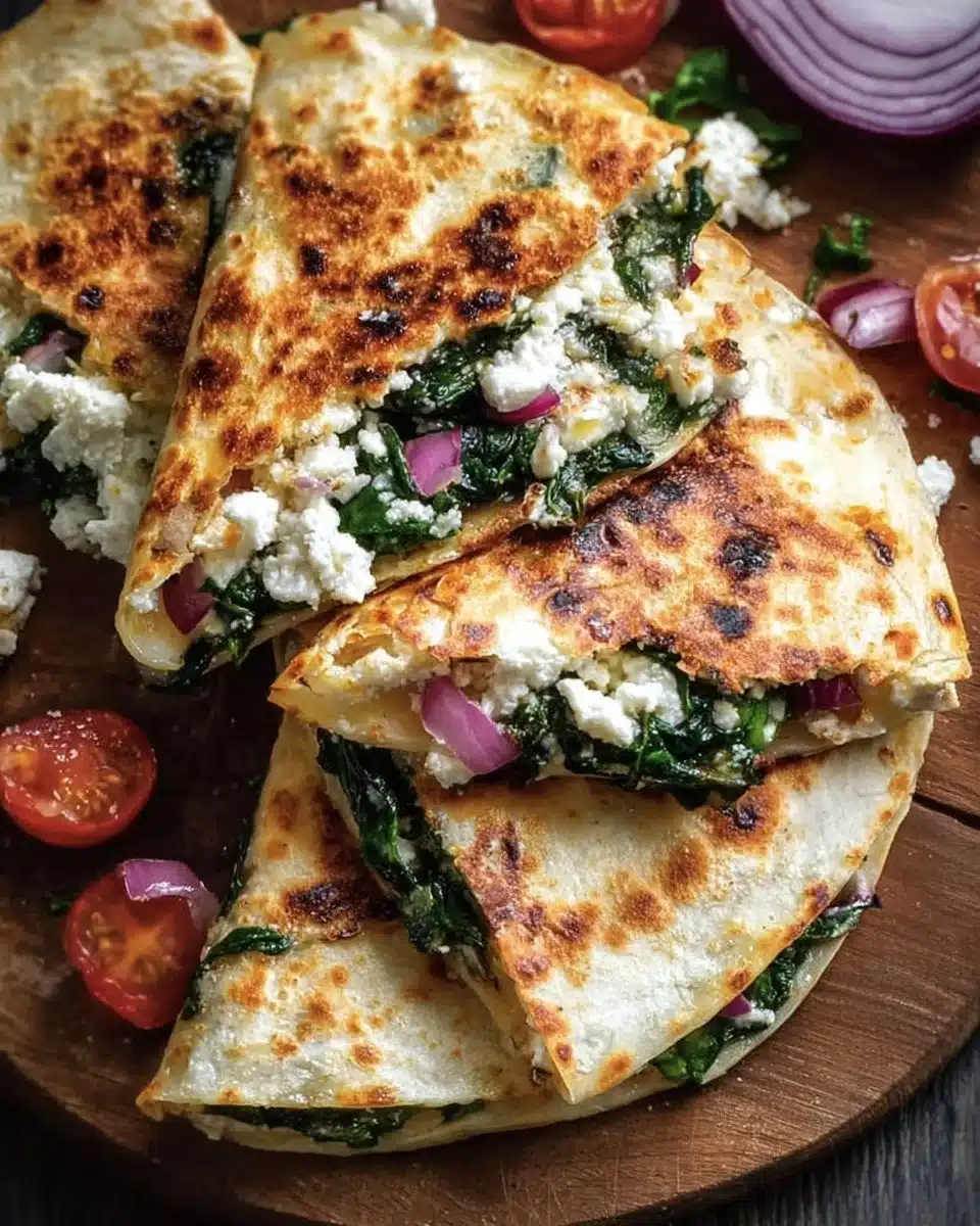 Mediterranean Quesadillas with spinach, feta, mozzarella, and red onion on a plate