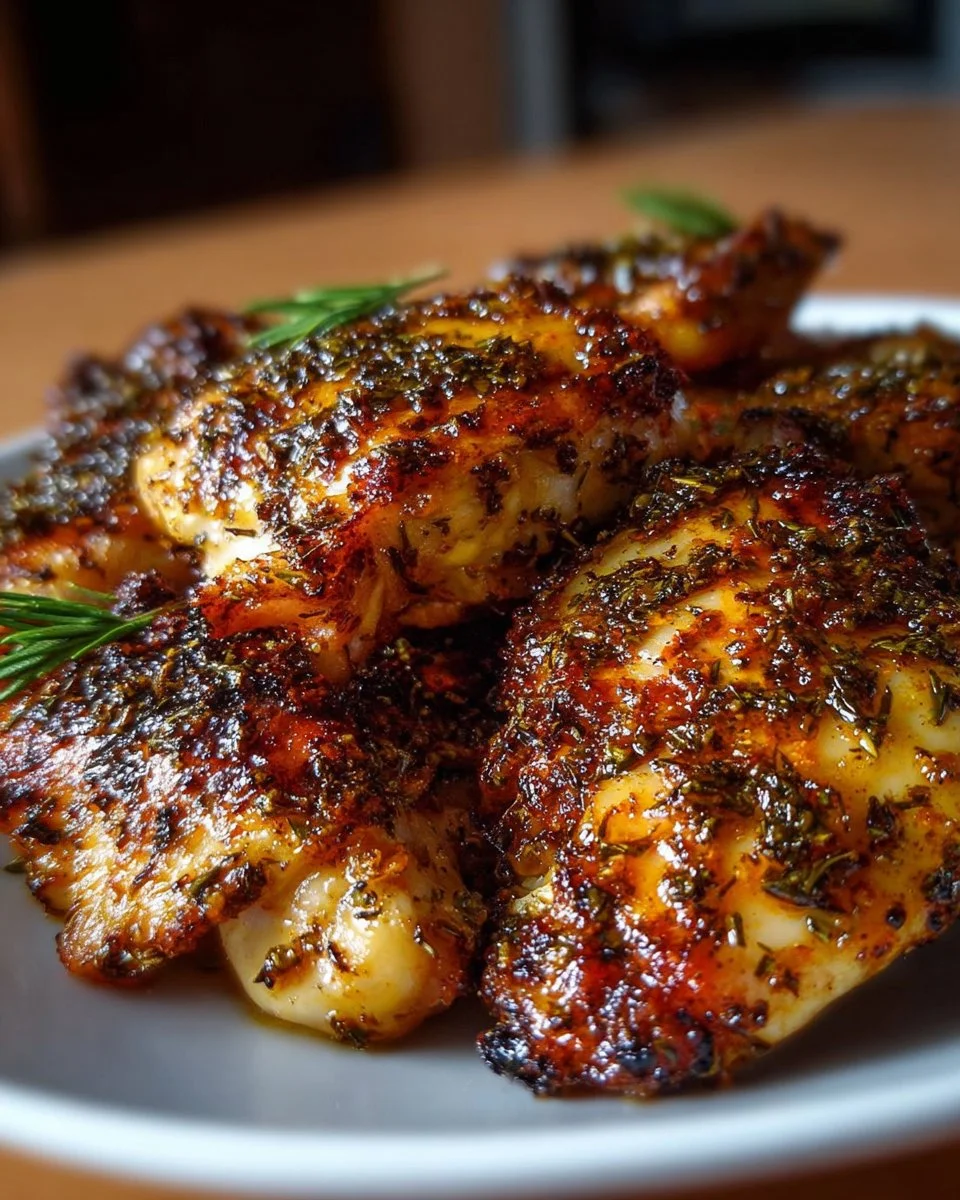 Plate of melt-in-your-mouth chicken garnished with herbs and spices.