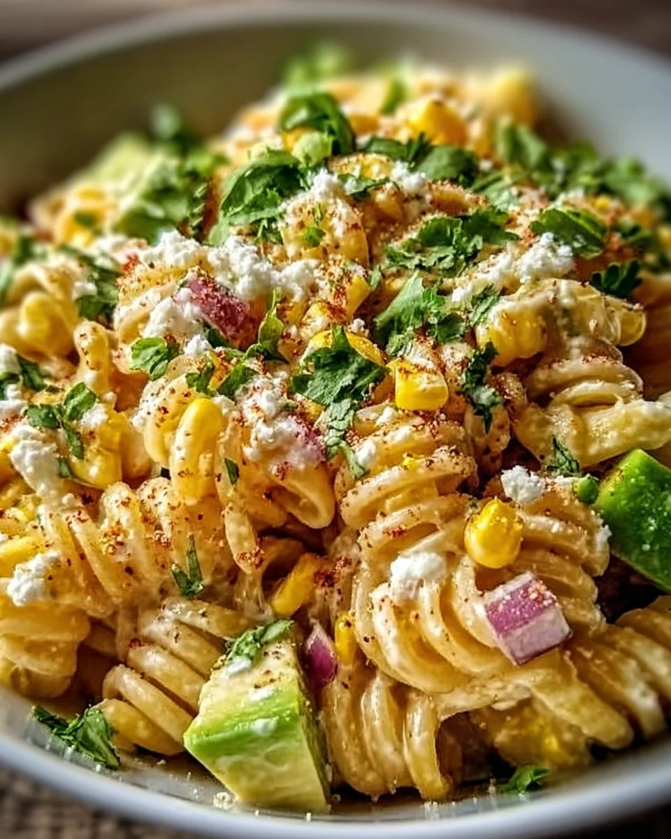 Bowl of Mexican street corn pasta salad topped with herbs and cheese