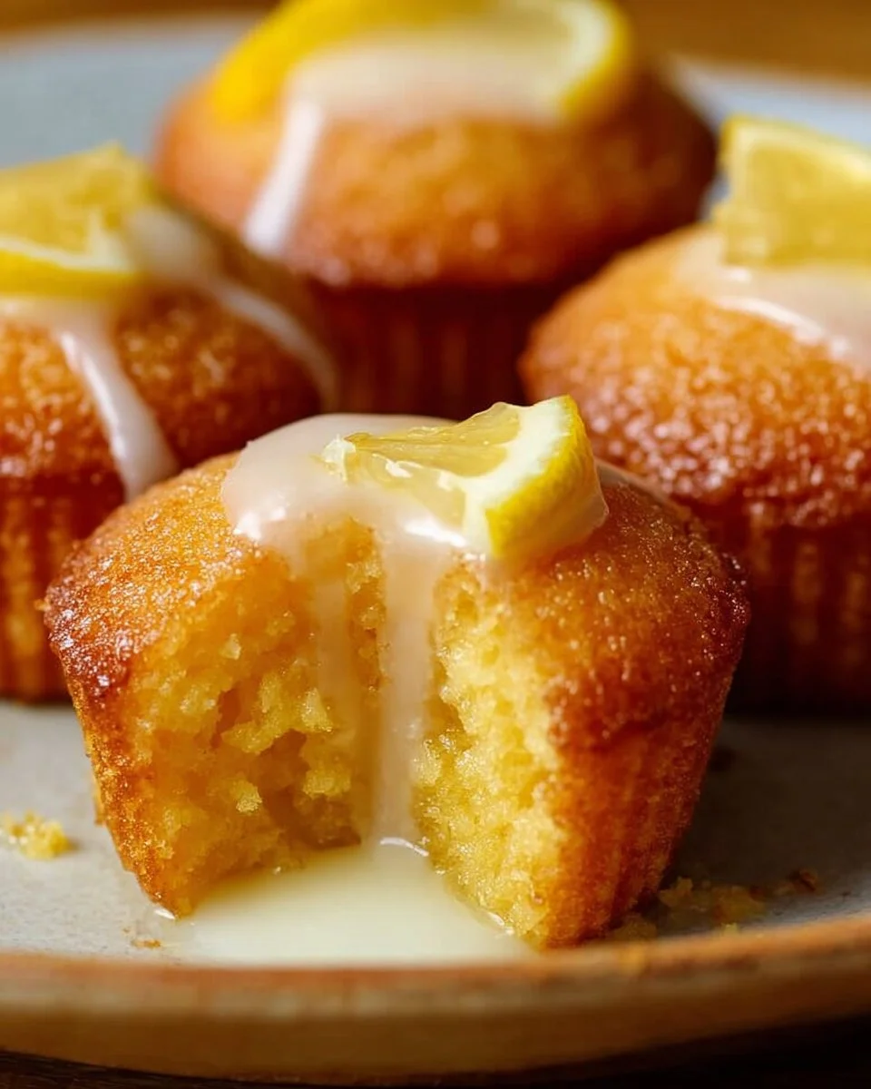 Mini lemon drop cakes with a vibrant lemon glaze and fresh lemon zest on top.