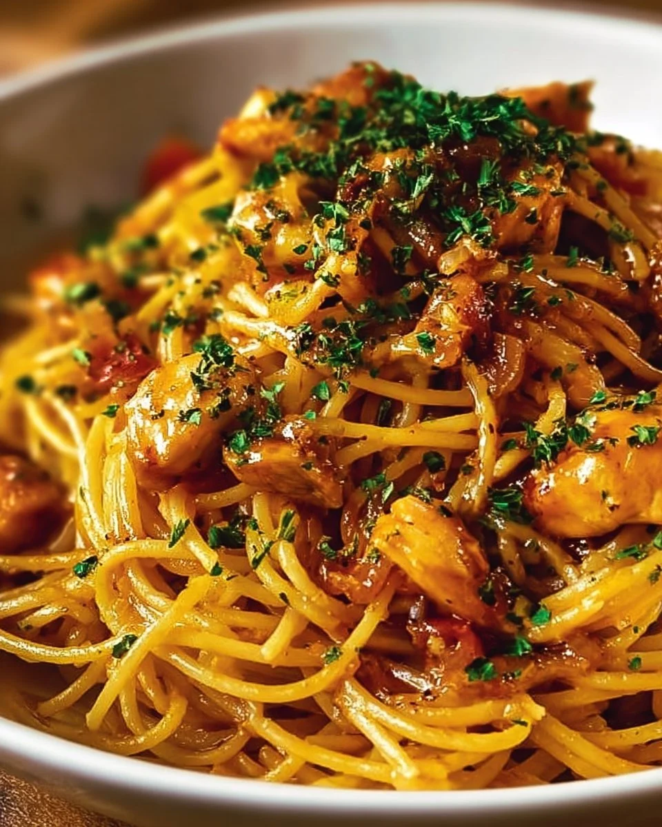 Plate of Monterey Chicken Spaghetti garnished with fresh herbs