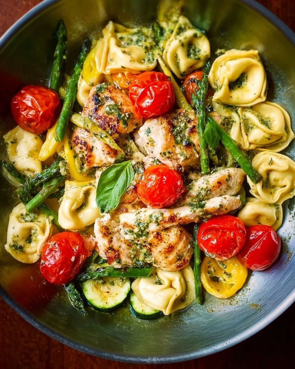 One-Pan Pesto Chicken with Tortellini and Veggies on a plate