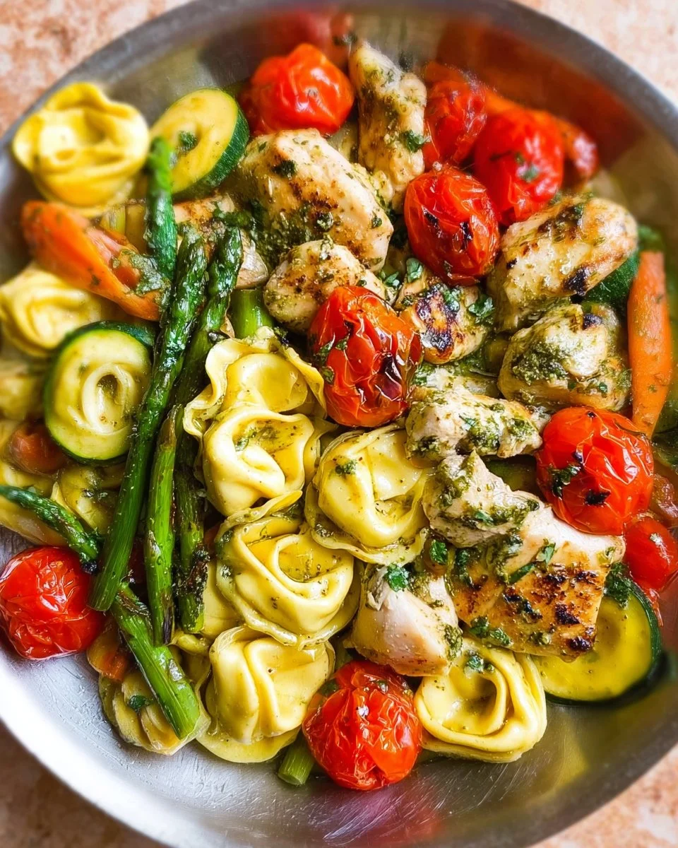 One-Pan Pesto Chicken with tortellini and colorful veggies