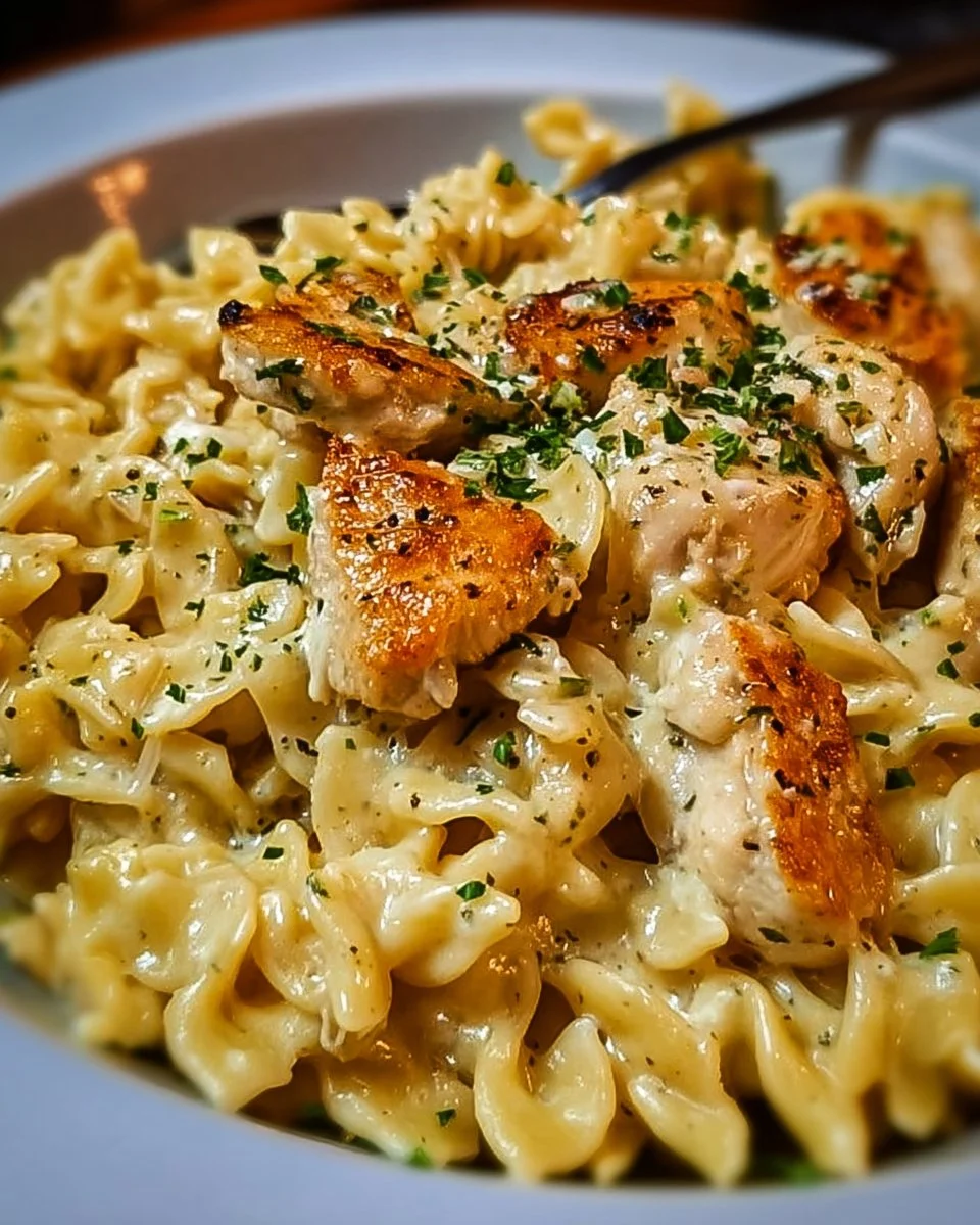 One-Pot Creamy Garlic Parmesan Chicken Pasta dish topped with parsley.