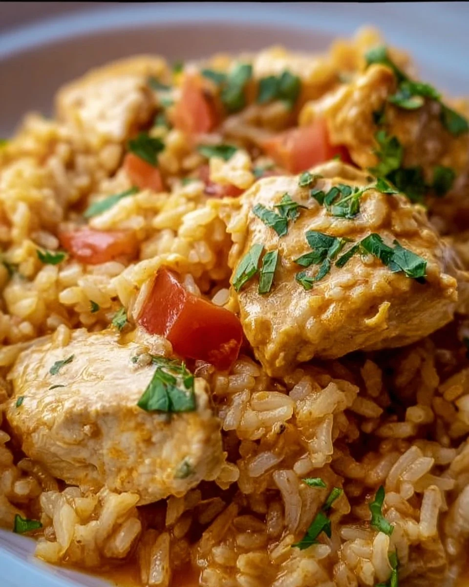 One Pot Queso Chicken and Rice dish served in a skillet with melted cheese