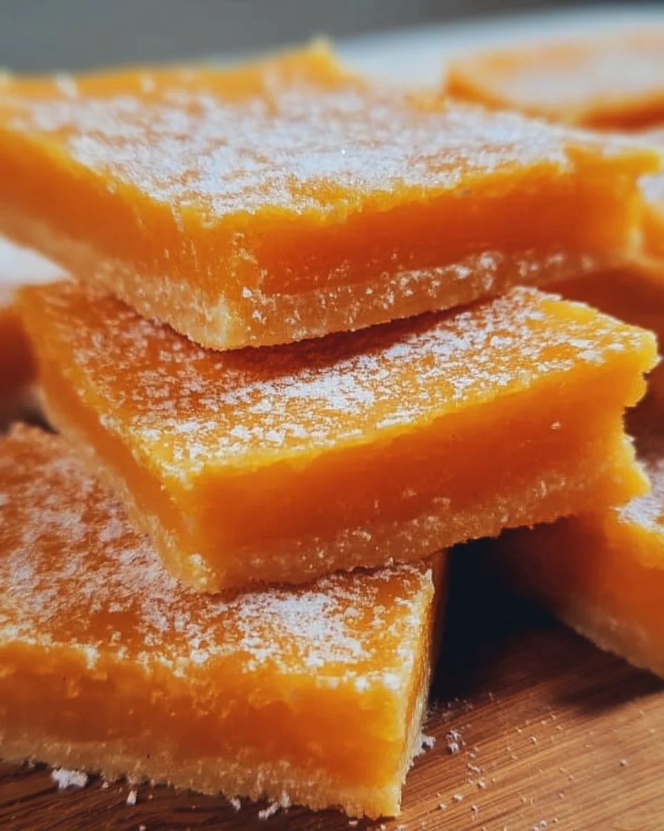 Freshly baked orange bars with a citrus glaze on a white plate