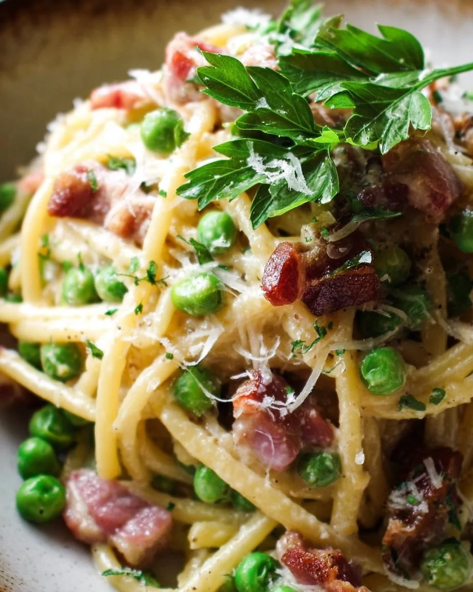 Pancetta and Pea Pasta served in a bowl garnished with parsley
