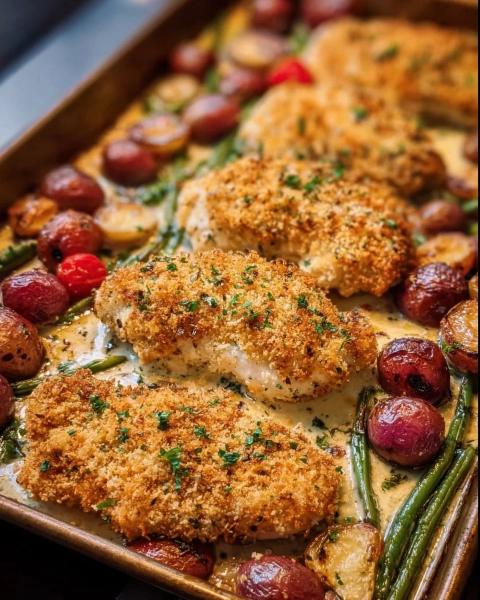 Delicious Parmesan Crusted Chicken on a sheet pan with colorful veggies