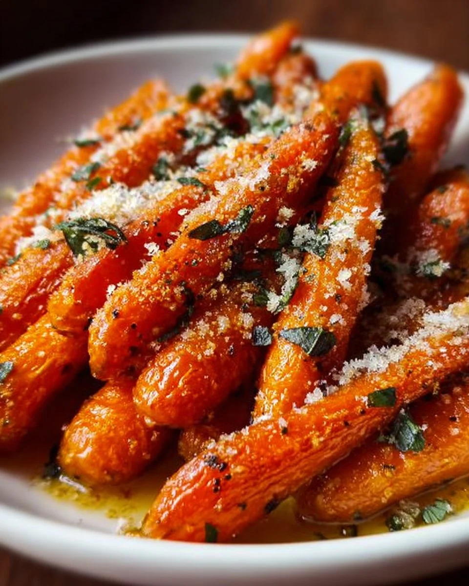 Plate of Parmesan Garlic Roasted Carrots garnished with herbs