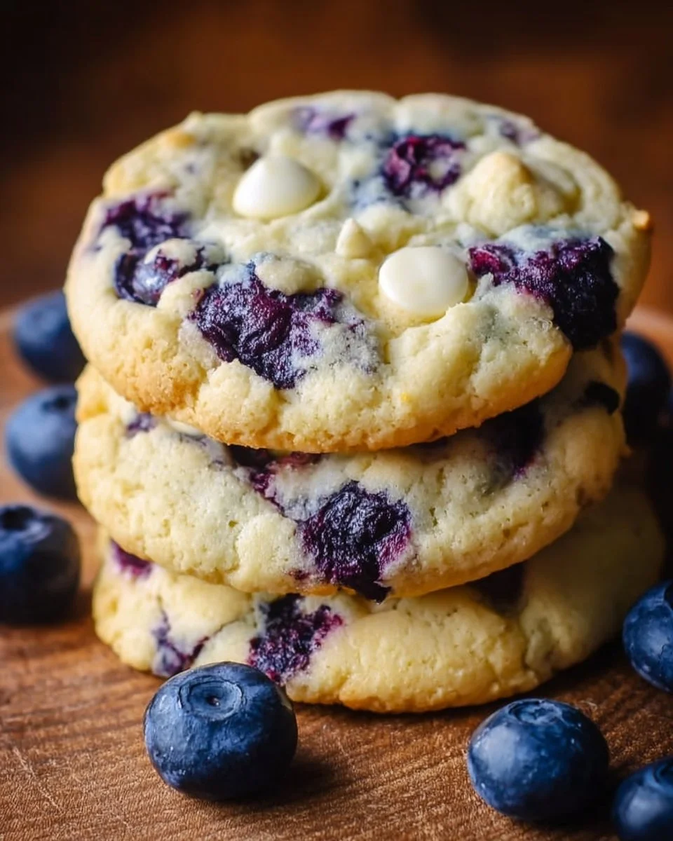 Plate of perfect blueberry cheesecake cookies with fresh blueberries on top