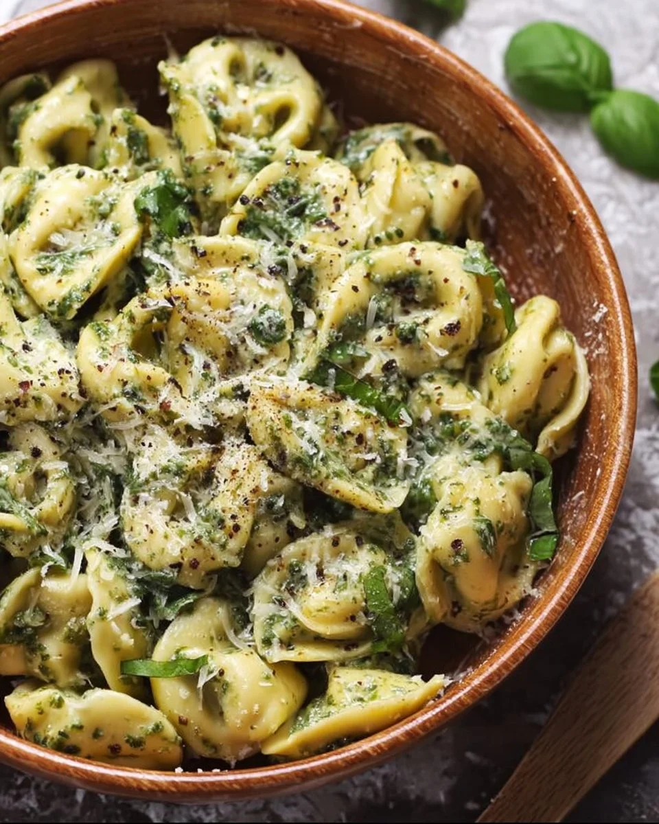 A bowl of delicious pesto tortellini topped with Parmesan cheese and fresh basil.