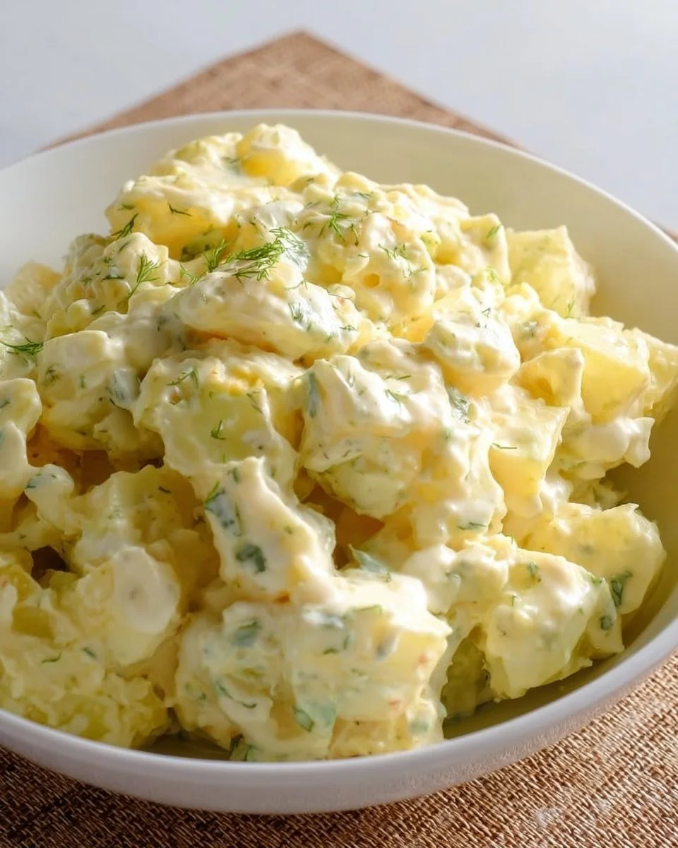 Delicious homemade potato salad served in a bowl with fresh herbs