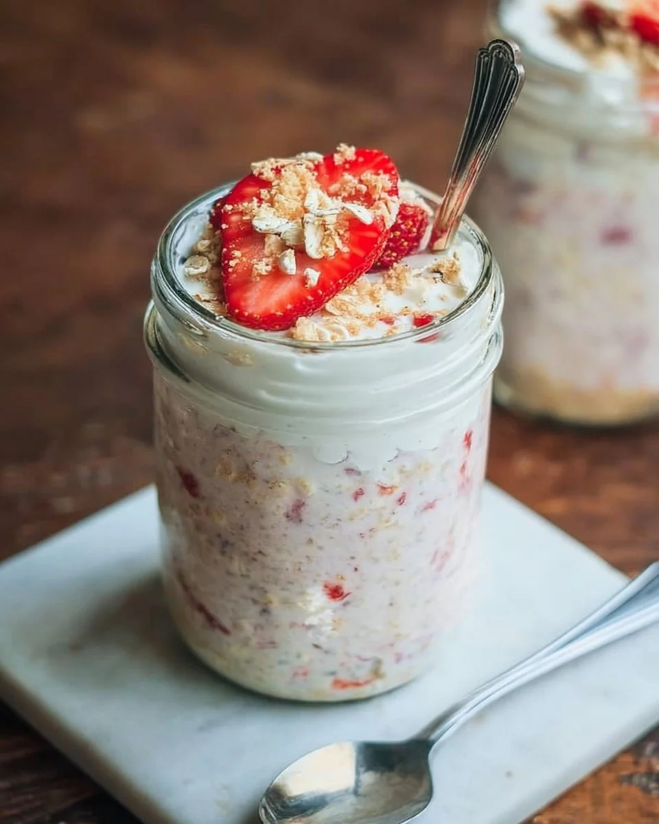 Protein Strawberry Cheesecake Overnight Oats in a bowl with fresh strawberries
