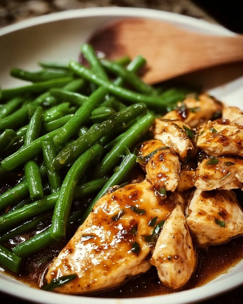 Quick chicken breast served with green beans on a plate