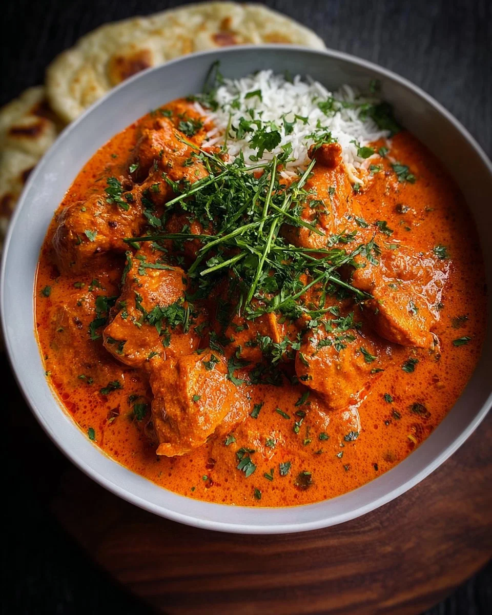 Delicious homemade butter chicken served with rice and garnished with cilantro