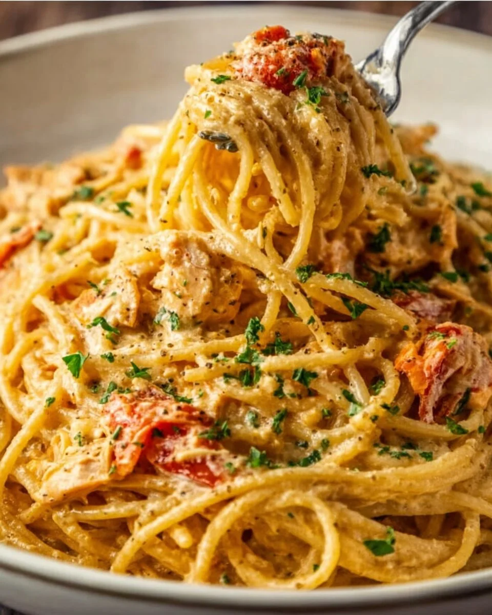 Quick one-pot chicken spaghetti served in a bowl with herbs and spices.