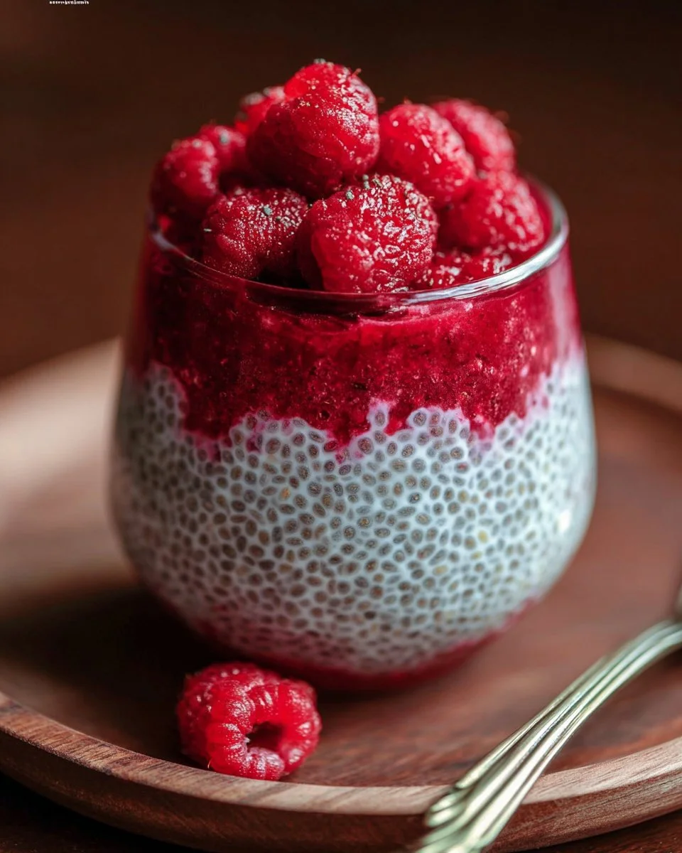Delicious raspberry chia pudding topped with fresh raspberries and mint