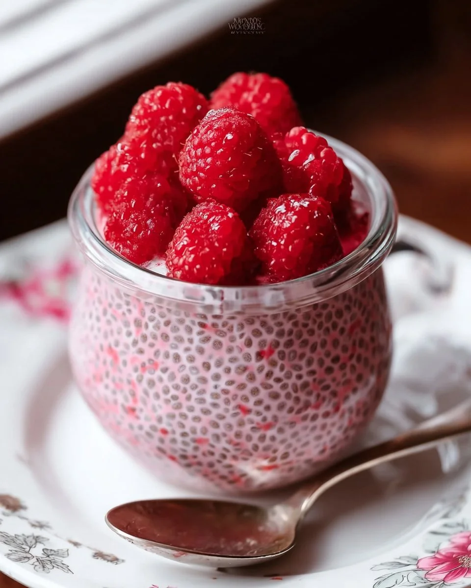 Bowl of raspberry chia pudding topped with fresh raspberries and maple syrup