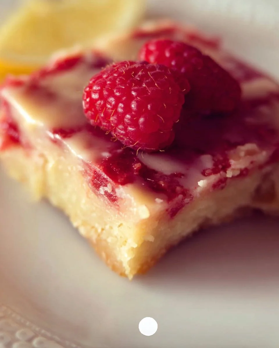 Delicious Raspberry Lemonade Bars topped with fresh raspberries and lemonade glaze