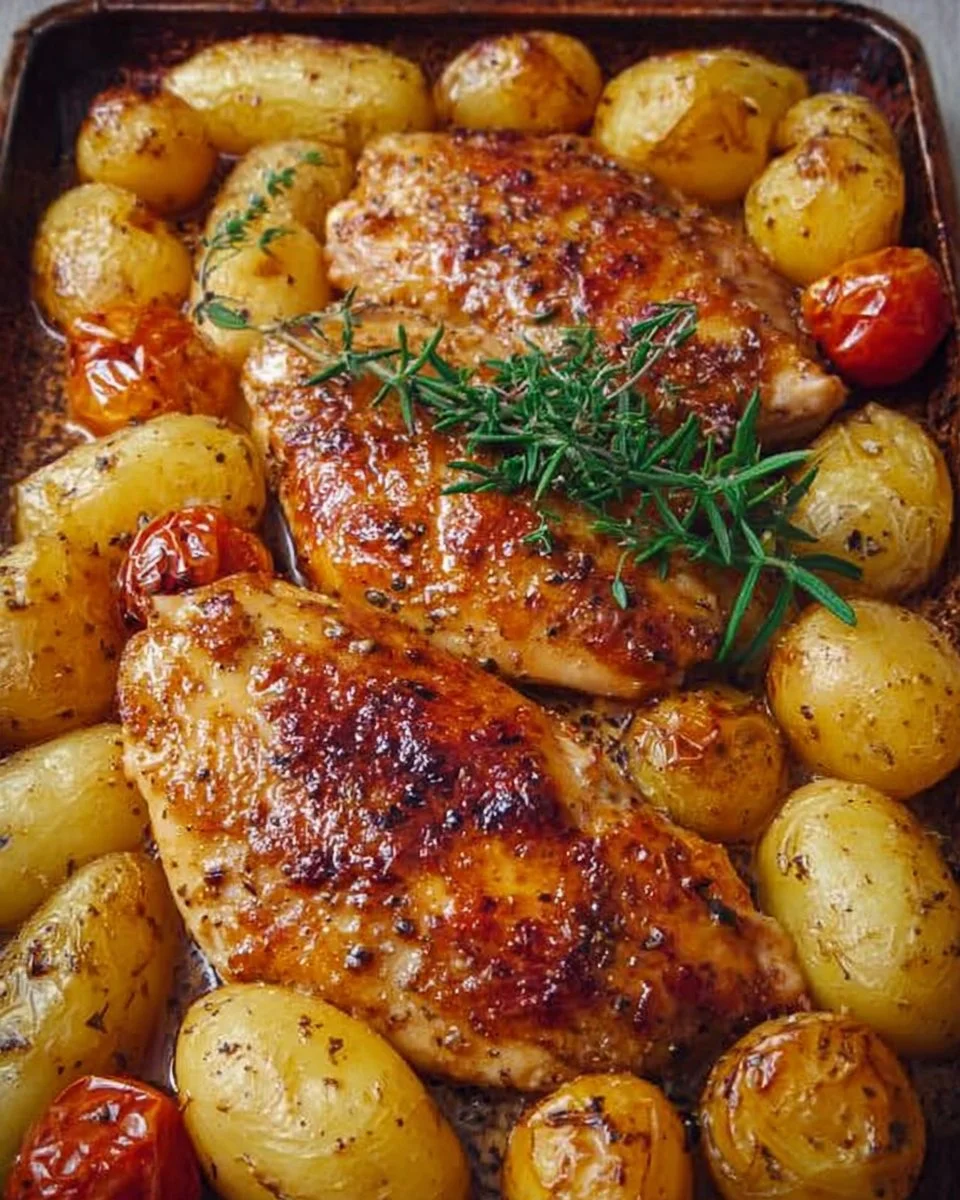 Sheet pan chicken and potatoes dish with herbs and vegetables cooked together