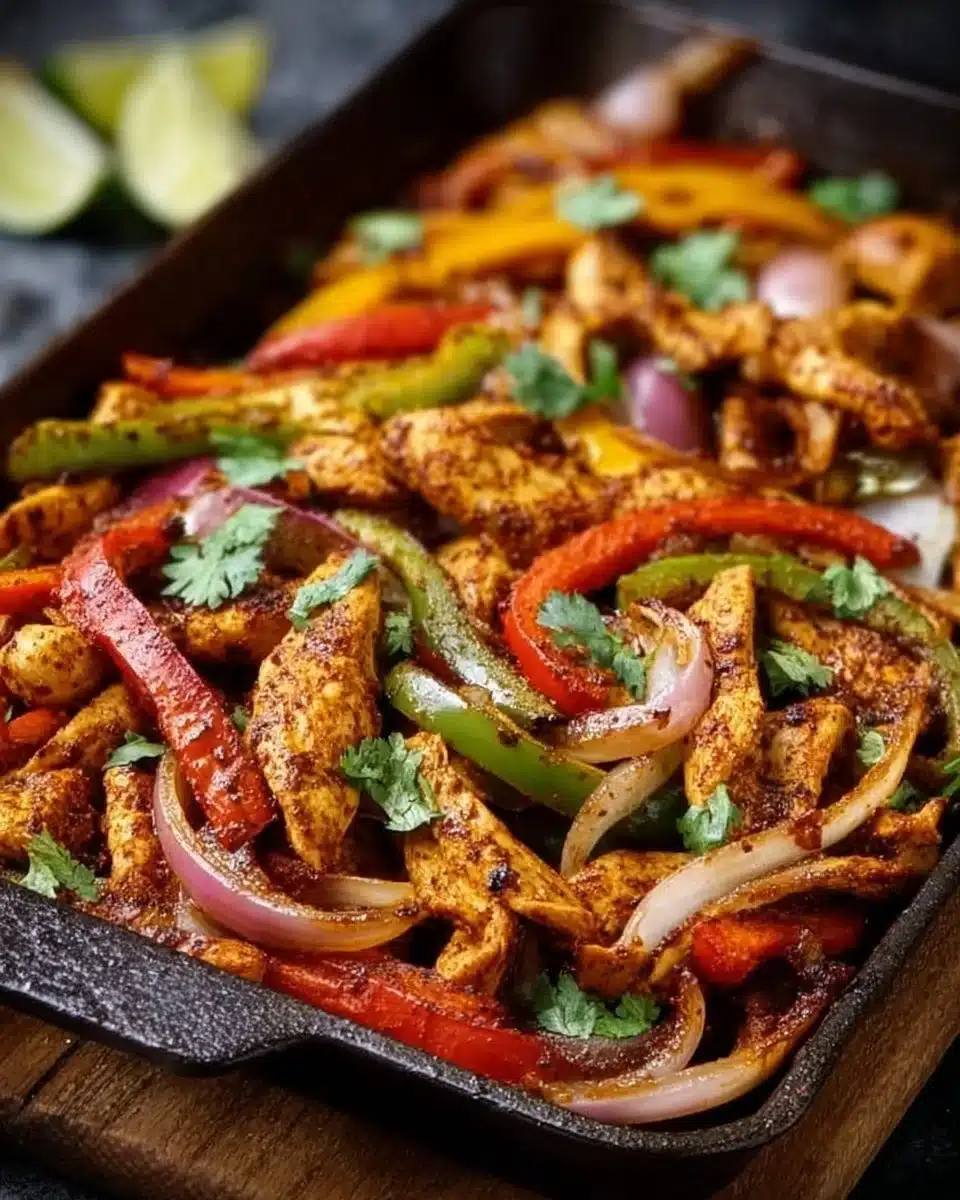 Sheet pan chicken fajitas with colorful peppers and onions ready to serve.