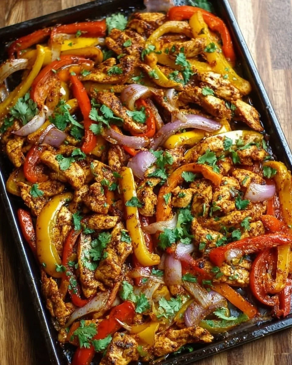Sheet Pan Chicken Fajitas with colorful peppers and onions