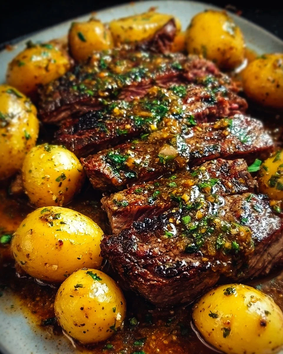 Slow Cooker Cowboy Butter Steak served with potatoes