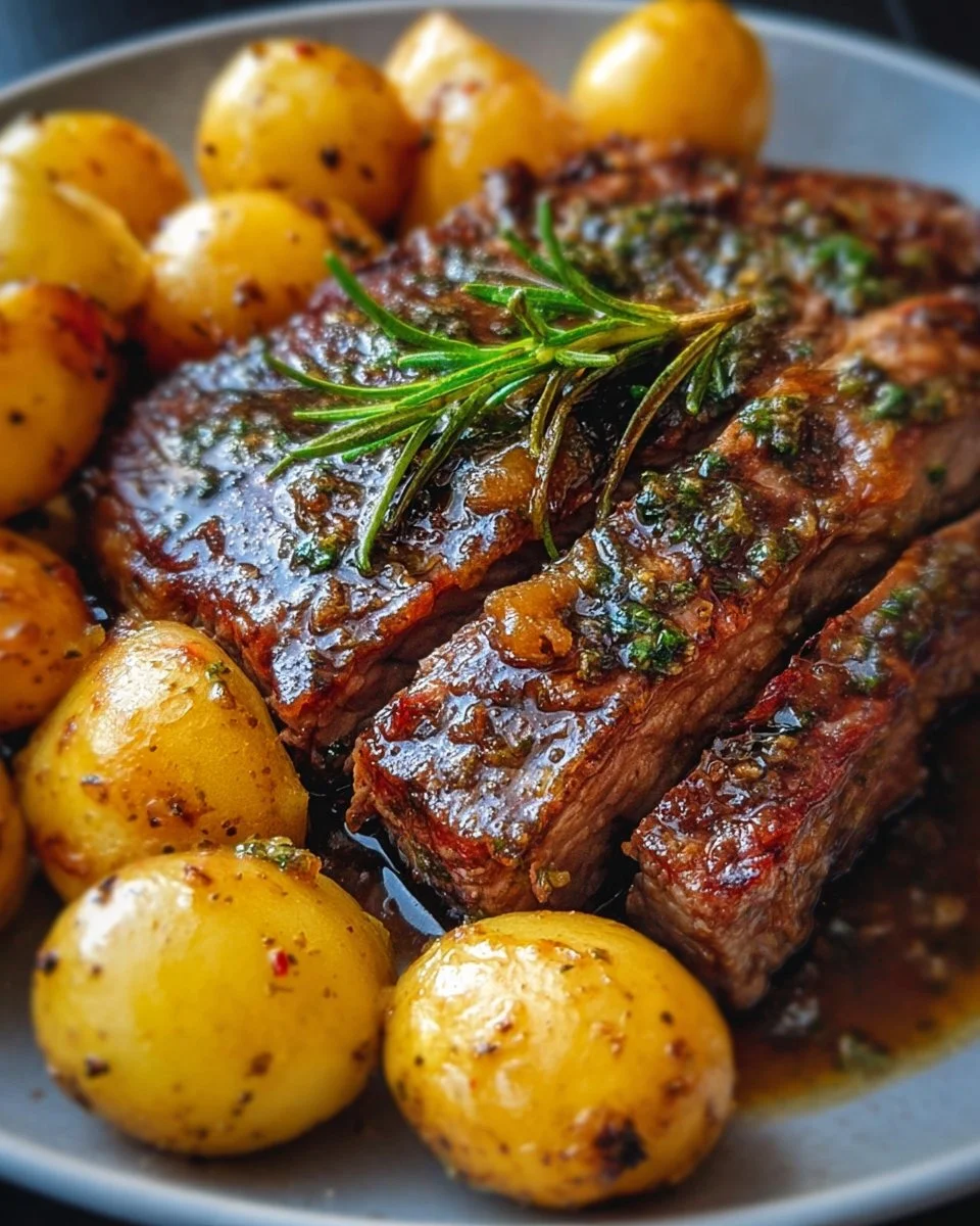 Slow cooked cowboy butter steak served with potatoes in a rustic setting