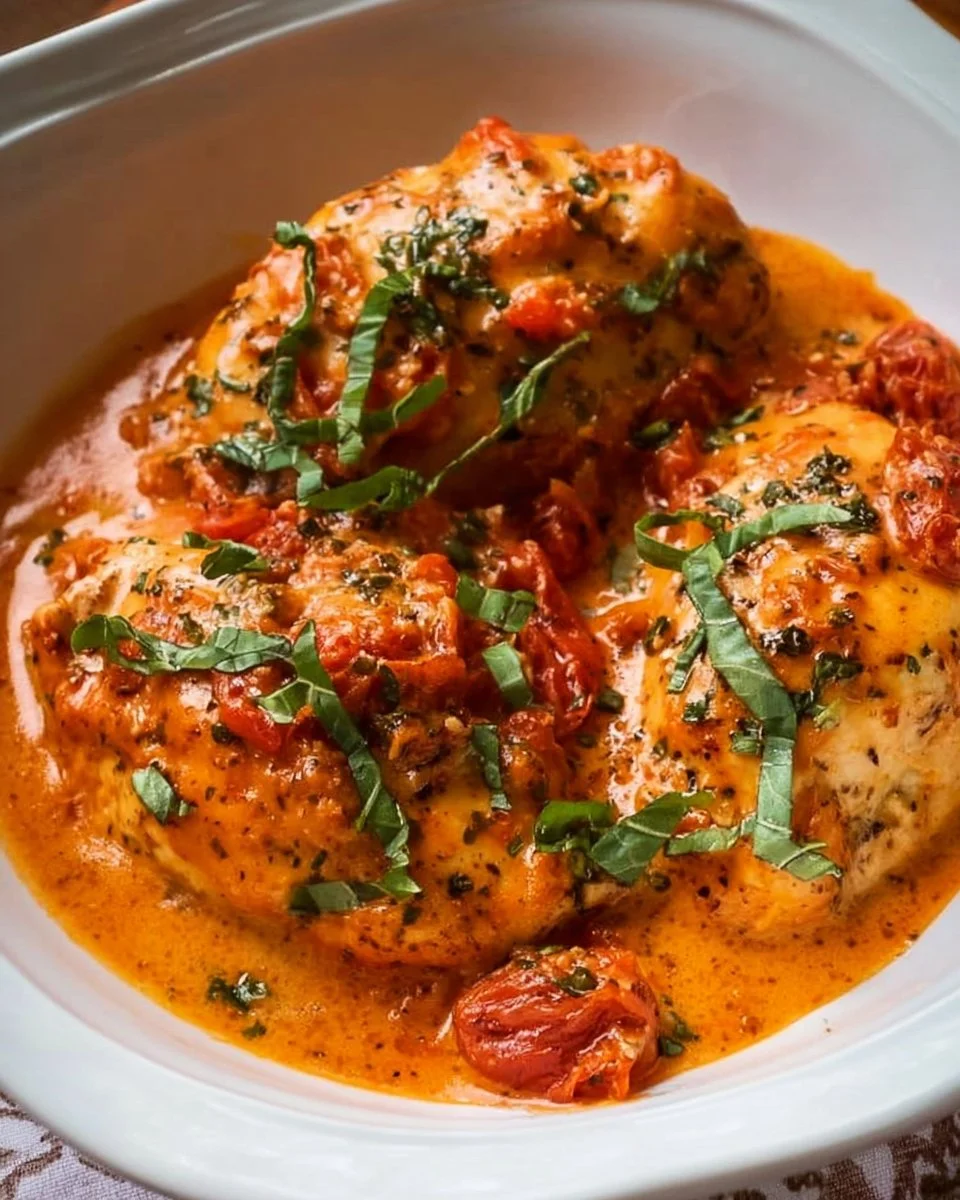 Deliciously cooked creamy tomato basil chicken breast in a slow cooker.